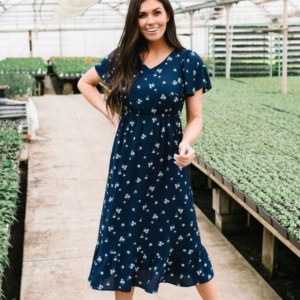Citrus & Lemon Natalie Midi Dress in Navy Blue Floral
